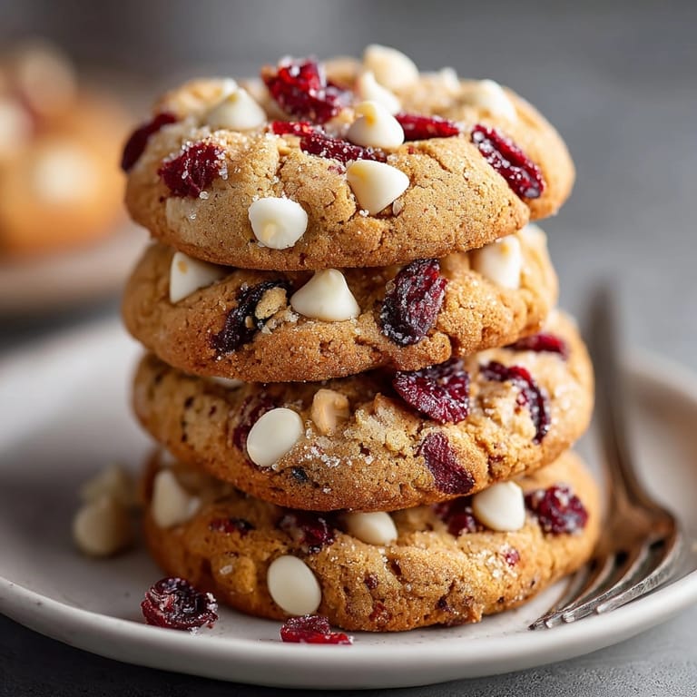 Freshly baked White Chocolate Cranberry Cookies served on a cooling rack with visible white chocolate.