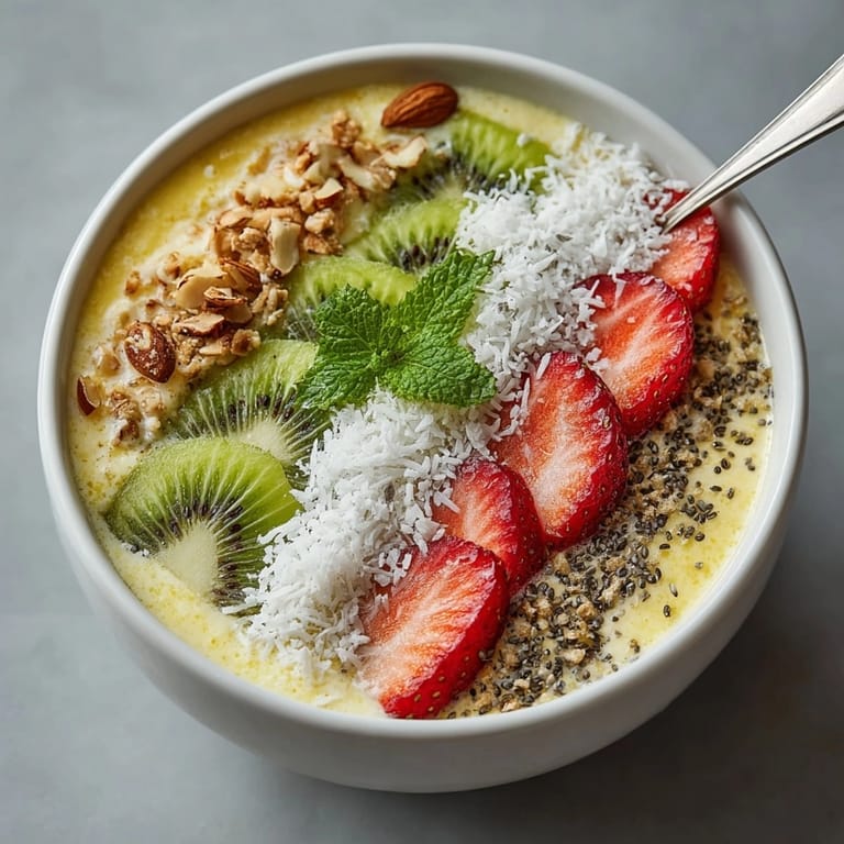 This flavorful tropical smoothie bowl features creamy smoothie, fresh fruit, and crunchy toppings.