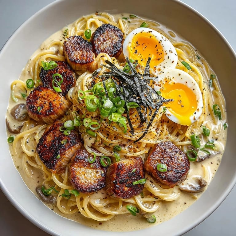 Taste the fusion: Savory ramen pasta with tonkotsu cream sauce, miso, and soft-boiled egg.