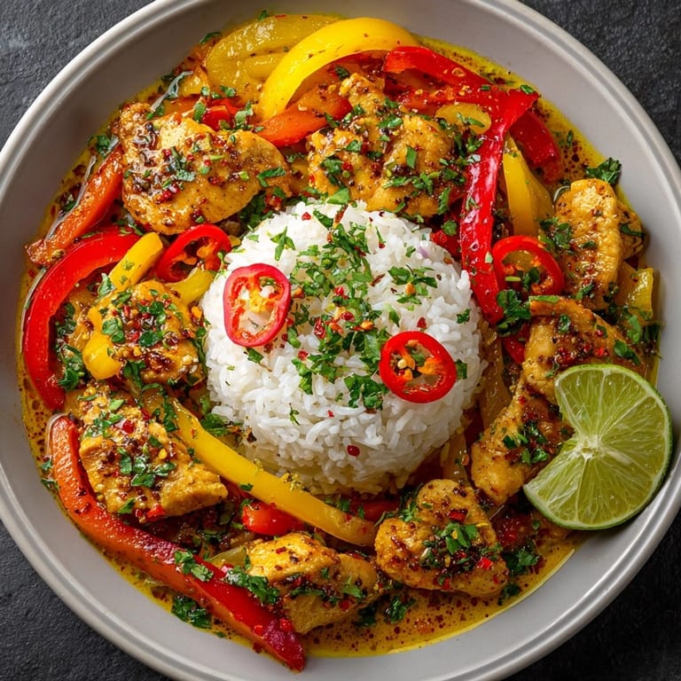 Closeup of Thai Curry Coconut Chicken, rich coconut sauce coating tender chicken and colorful vegetables