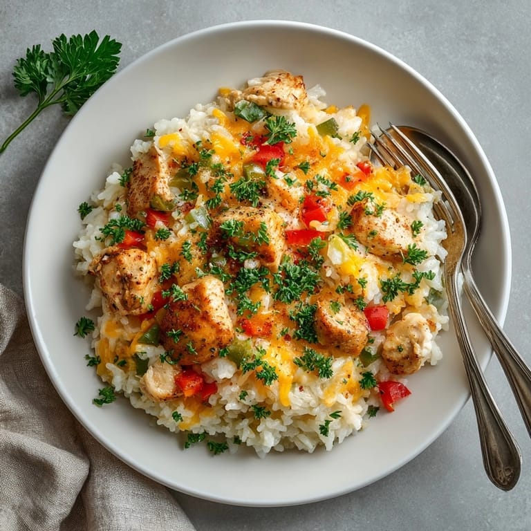 Baked Cajun Chicken and Rice Casserole showing savory chicken, fluffy rice, and aromatic sautéed peppers