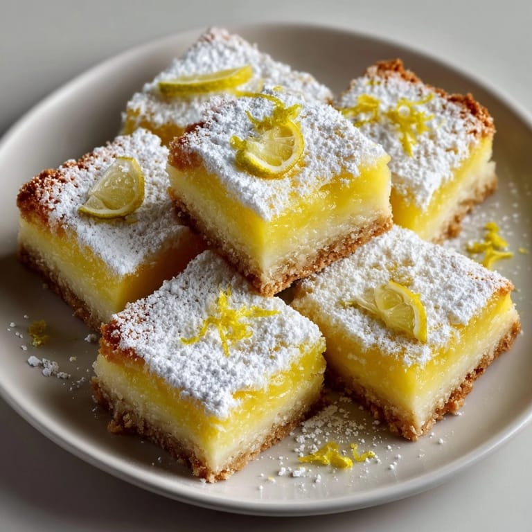 Closeup of ricotta lemon bars showcasing bright citrus layers and delicate powdered sugar topping.