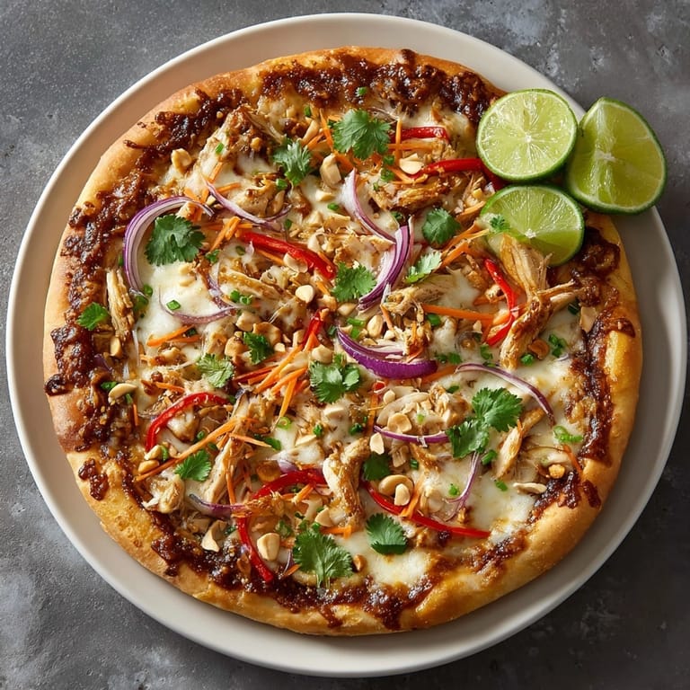 Sliced Thai Peanut Chicken Pizza on a serving board, drizzled with creamy peanut sauce and lime wedges