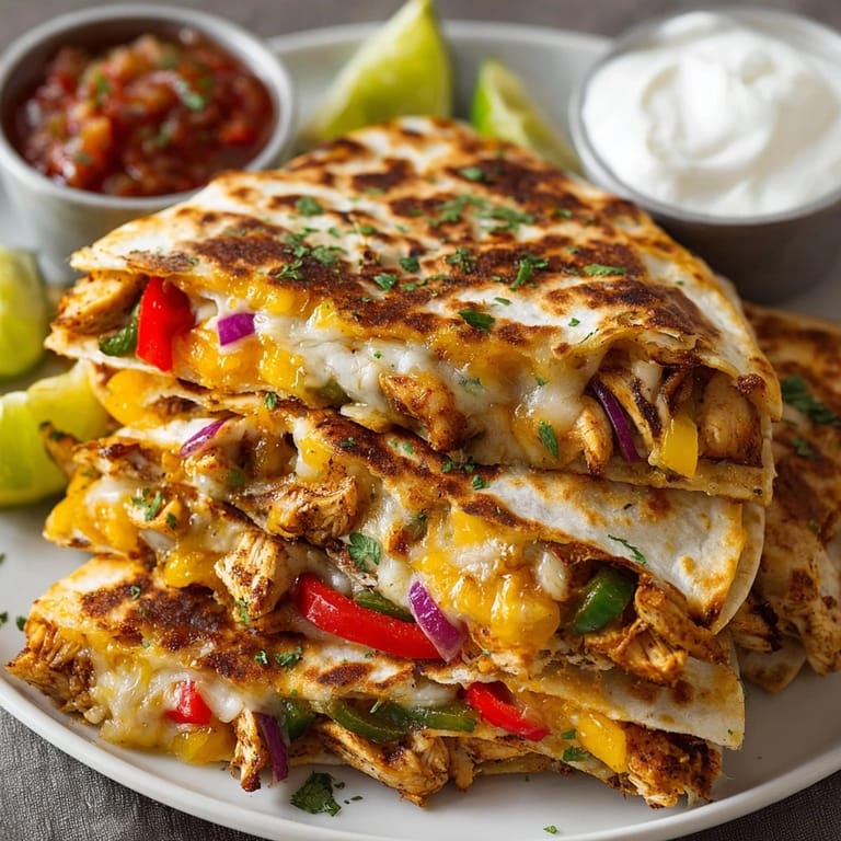 Sliced Cajun chicken quesadillas with gooey cheese, fresh lime wedges, and creamy sour cream.