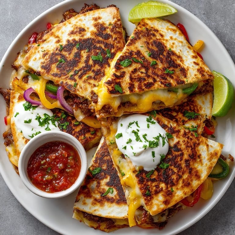 Cheesy Cajun chicken quesadillas served hot, oozing with spicy peppers and cilantro garnish.