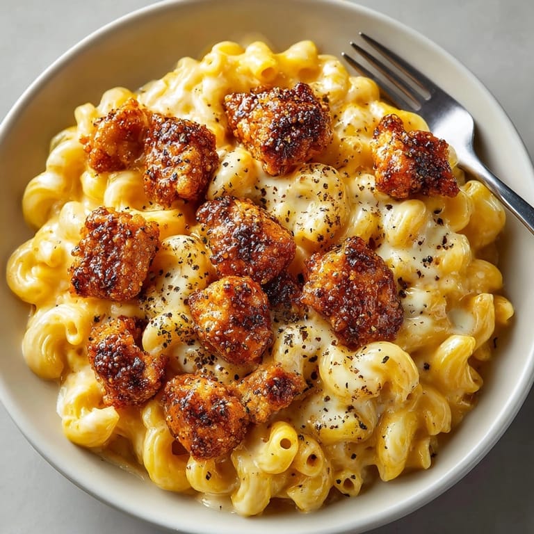 Close-up of Creamy Honey Pepper Chicken Mac and Cheese Delight, topped with crispy, sweet-spicy chicken.