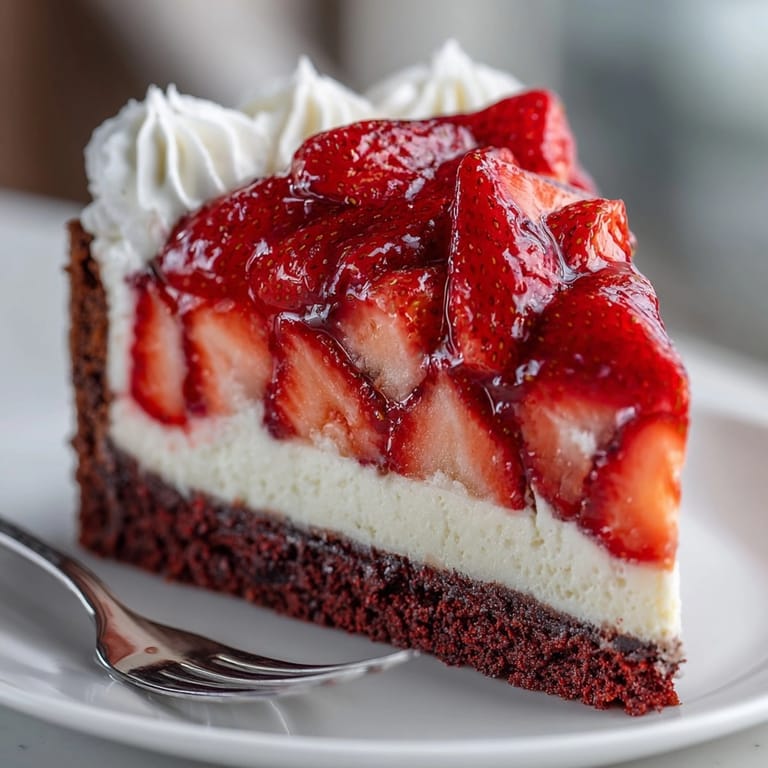 Decadent layers of red velvet cake and creamy cheesecake topped with fresh strawberries and glaze.