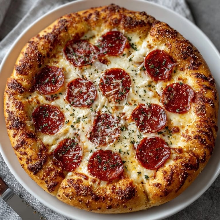 Stuffed crust pepperoni pizza fresh from the oven, gooey cheese oozing from the crisp crust.