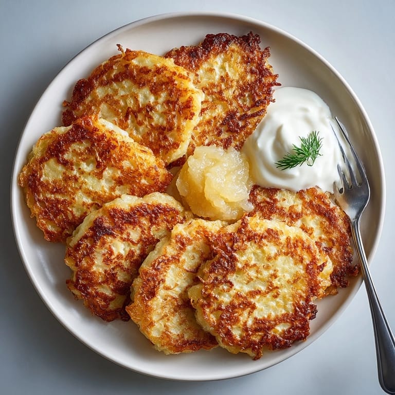 Freshly fried German Potato Pancakes glisten next to dollops of sour cream, ready for sharing.