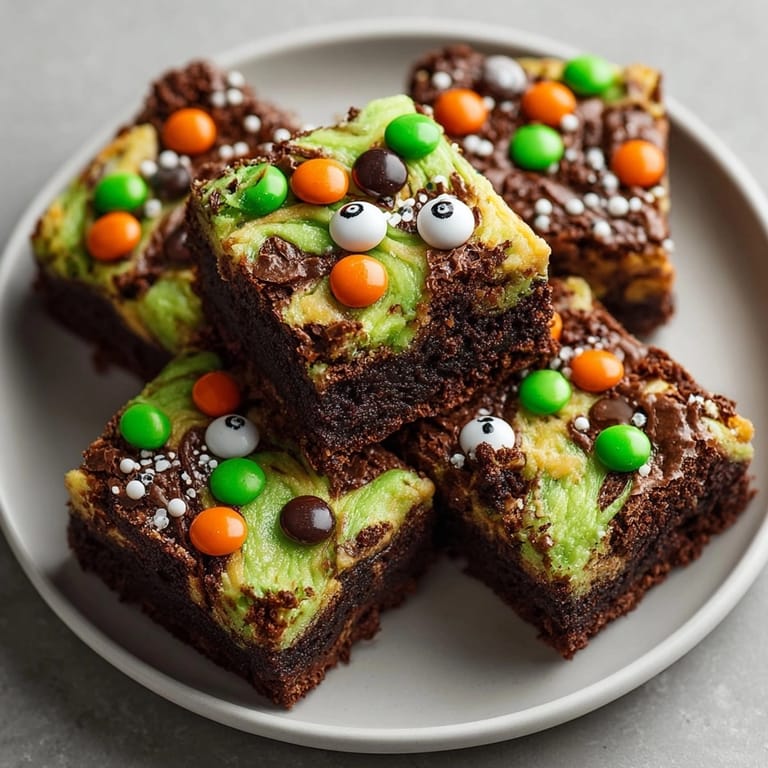 Homemade Witches&amp;rsquo; Brew Swirl Brownies cooling in a pan, ready to cut and serve.