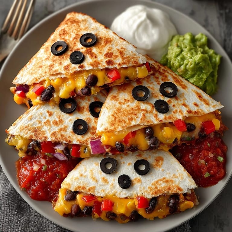 Savory haunted black bean quesadillas, sliced and served with cool sour cream and salsa.