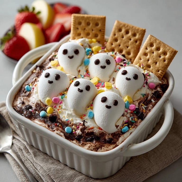 Warm, gooey Spooky S&amp;rsquo;mores Dip with Halloween sprinkles; imagine dipping a sweet, toasted marshmallow.