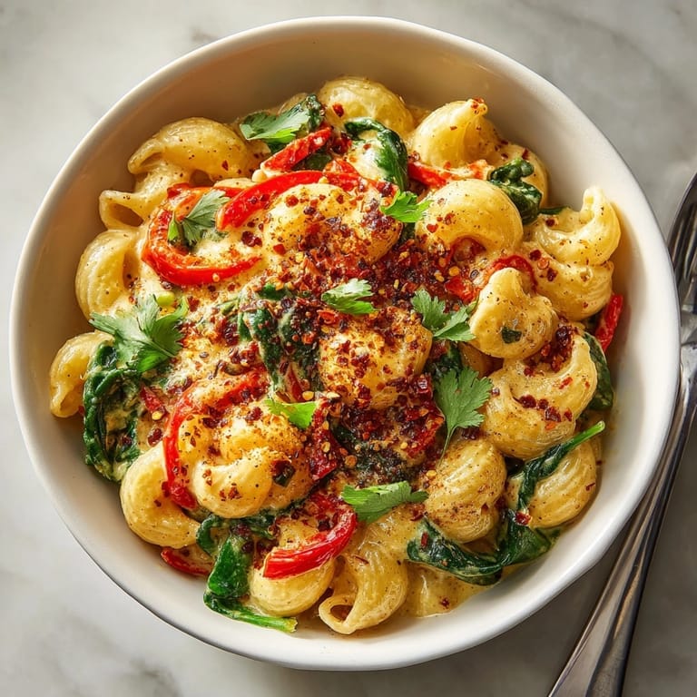 Bowl of fragrant Vegan Thai Red Curry Mac &amp; Cheese, vibrant fusion comfort food.