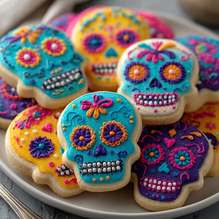 Homemade Day of the Dead Sugar Skull Cookies with colorful icing, dusted with edible glitter.
