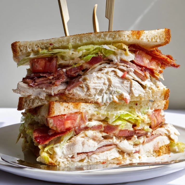 Triple-decker Club Sandwich quarters show toasted bread, juicy fillings, held with toothpicks.