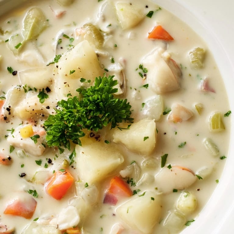 Close-up of rich Clam Chowder showing tender clams and creamy broth texture.