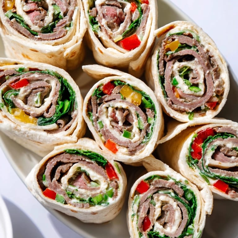 Sliced Cajun Roast Beef Pinwheel Rolls—refrigerated and ready, garnish sprigs, party tray.