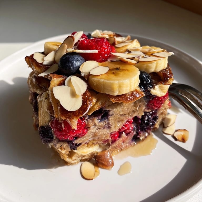 Fluffy Protein Berry Banana Pancake Bake: a delightful high-protein breakfast studded with fresh fruit.