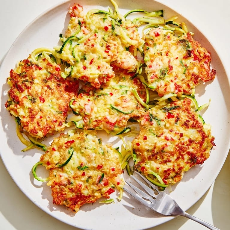 Close-up of crispy Shrimp & Ricotta Zoodle Fritters, garnished with fresh parsley, plated and ready.