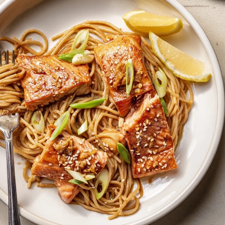 Delicious Japanese pan-fried salmon pasta ready to serve with zesty lemon wedges.