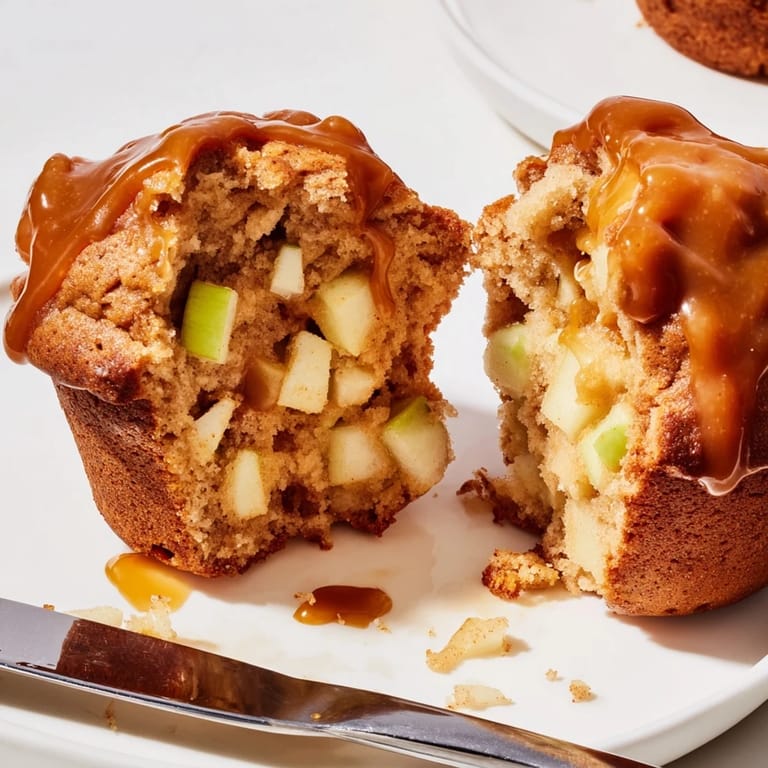Golden-brown caramel apple sourdough muffins topped with rich caramel for delightful flavor.