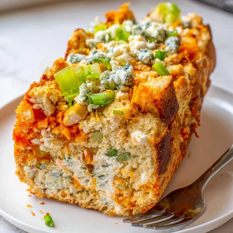 Golden brown Buffalo Ranch Chaos Cake Loaf, garnished with scallions and a spicy drizzle.  