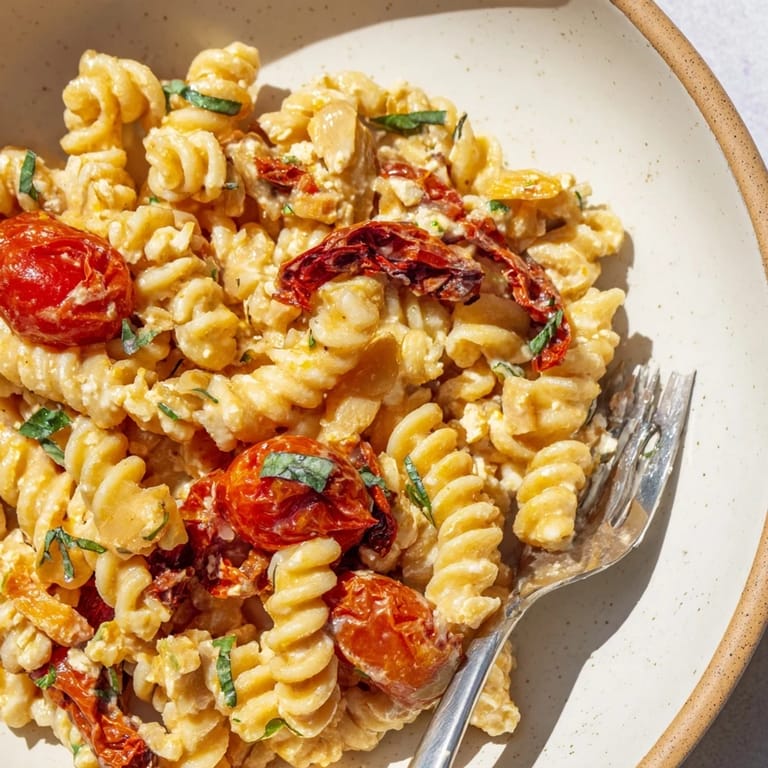 Delicious Baked Feta Pasta drizzled with olive oil and topped with fresh basil.