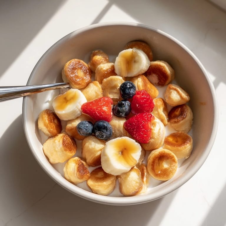 Crispy mini pancake cereal drizzled with honey for a delightful breakfast treat.