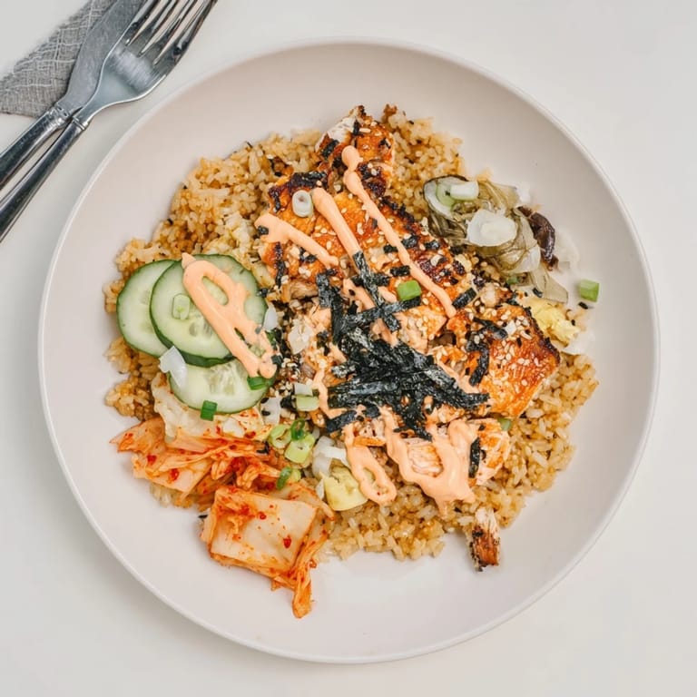 Flavorful Crispy Salmon Rice Bowl featuring golden garlic, creamy avocado, and tangy toppings.