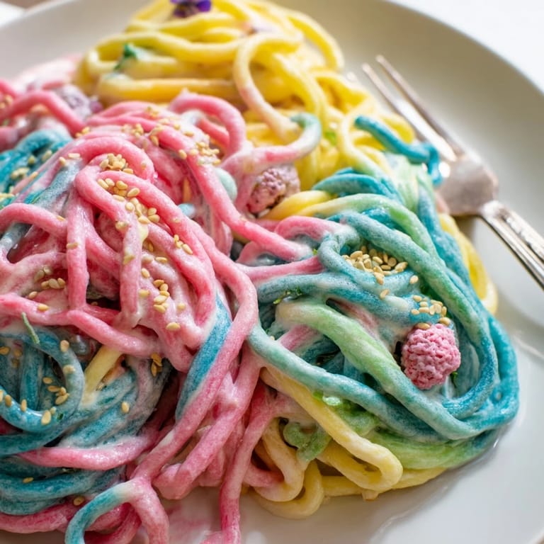 Whimsical Neon Noodle Cloud dish showcasing colorful noodles in a rich, creamy sauce.