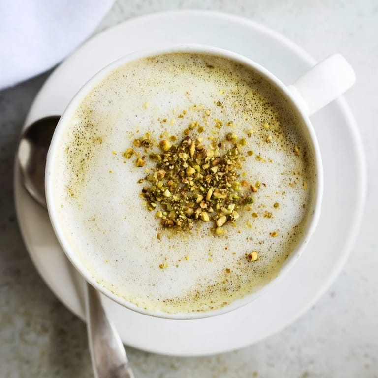 Rich and fragrant pistachio milk latte served with crushed pistachios on top.