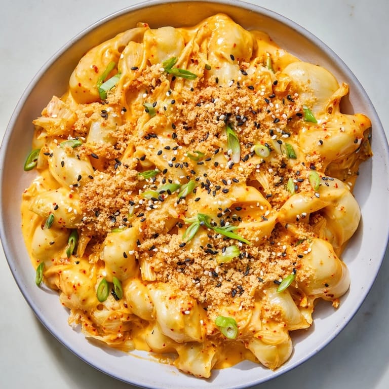 Bowl of Spicy Kimchi Mac & Cheese, featuring melty cheese and tangy kimchi goodness.  