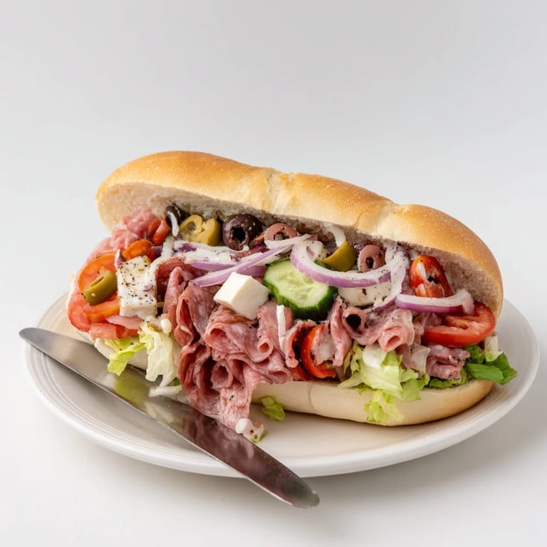 Delicious Flavor Mash-Up Sandwich filled with Italian meats, crisp lettuce, and vibrant peppers.  