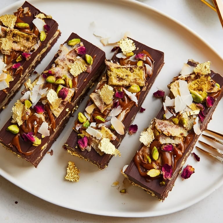 Indulgent chocolate dessert bars layered with spiced date caramel and crunchy toppings.  