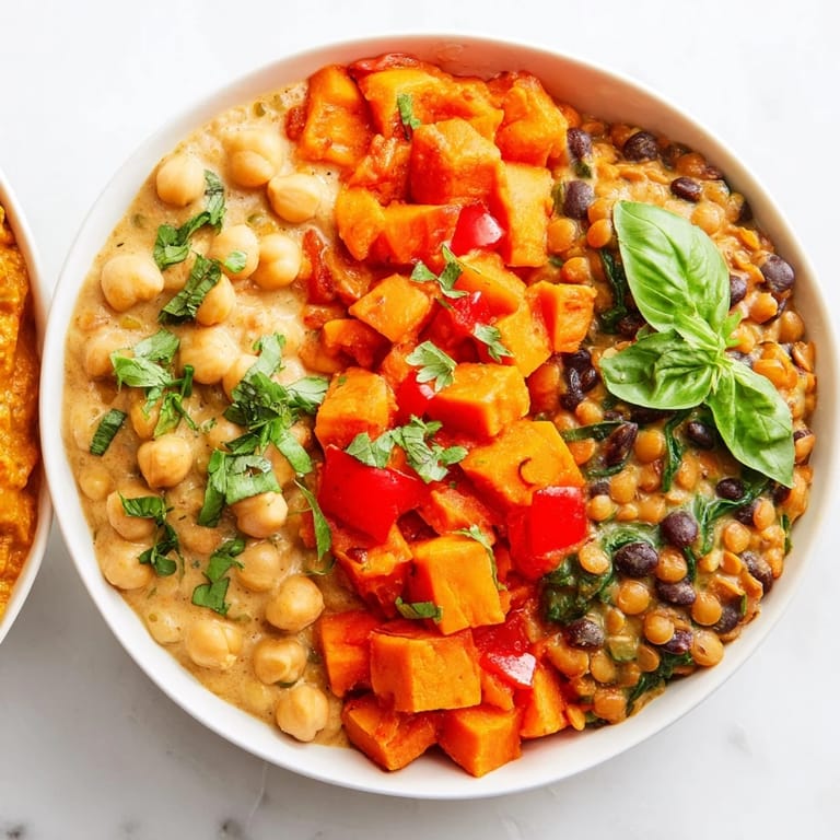 A colorful display of Indian chickpea, Thai lentil, and Caribbean sweet potato curries.  