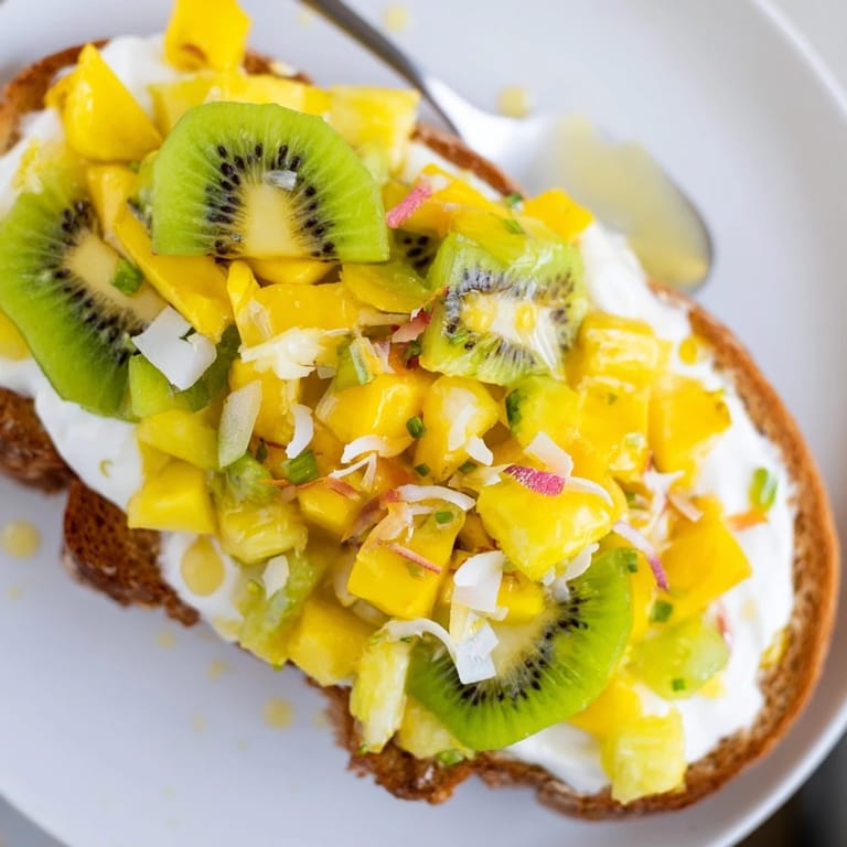 Golden-baked yogurt-custard toast adorned with kiwi and coconut for a tropical twist.