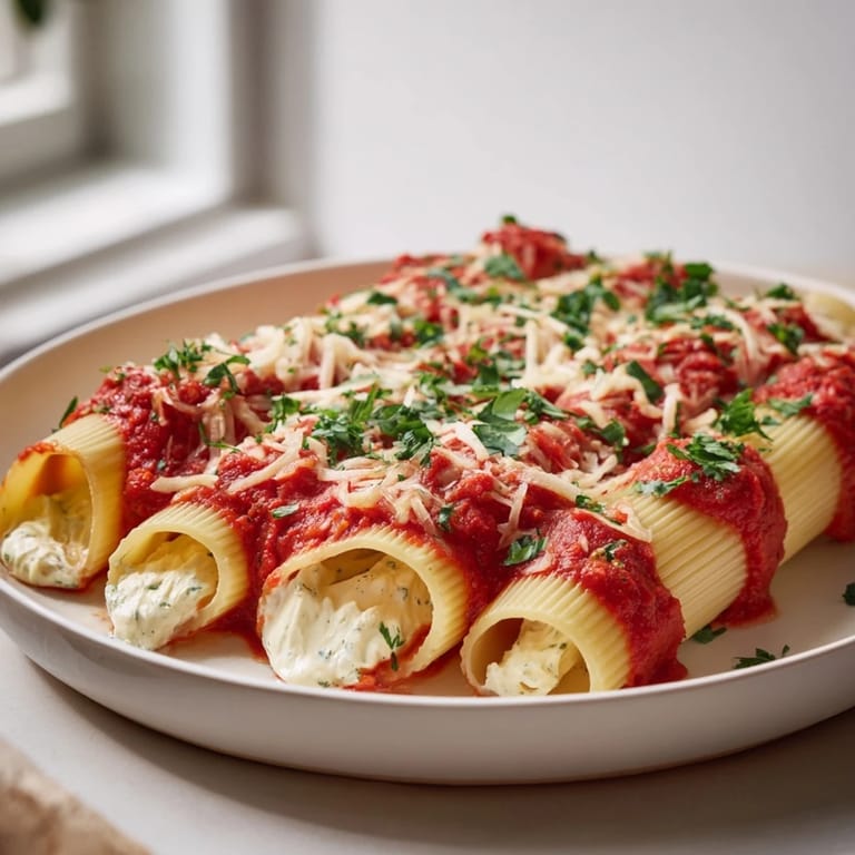 Elegant Honeycomb Pasta Cake, standing rigatoni topped with gooey mozzarella and fresh herbs.