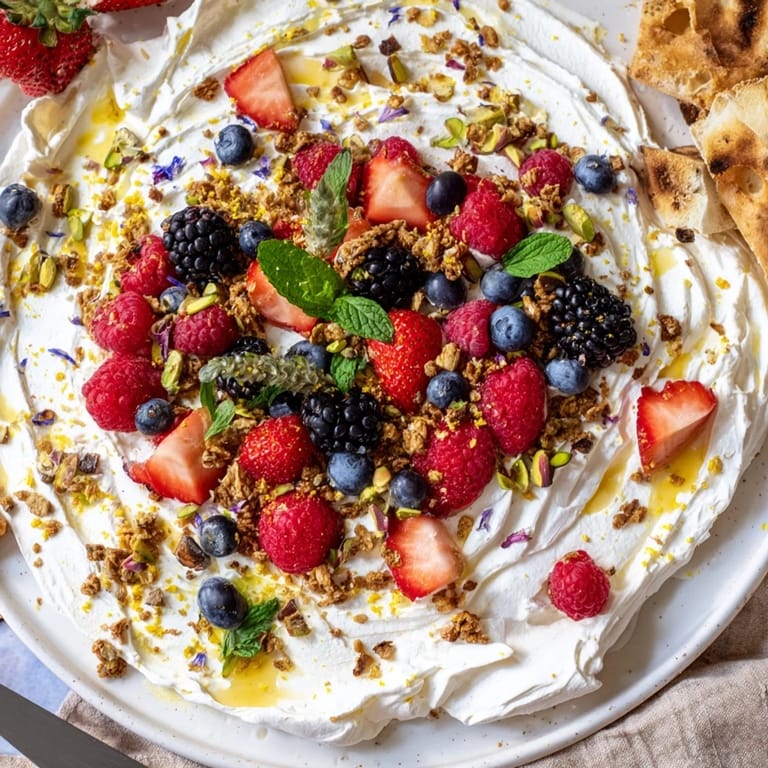Indulgent Butter Board Dessert topped with fresh berries and a drizzle of honey.  