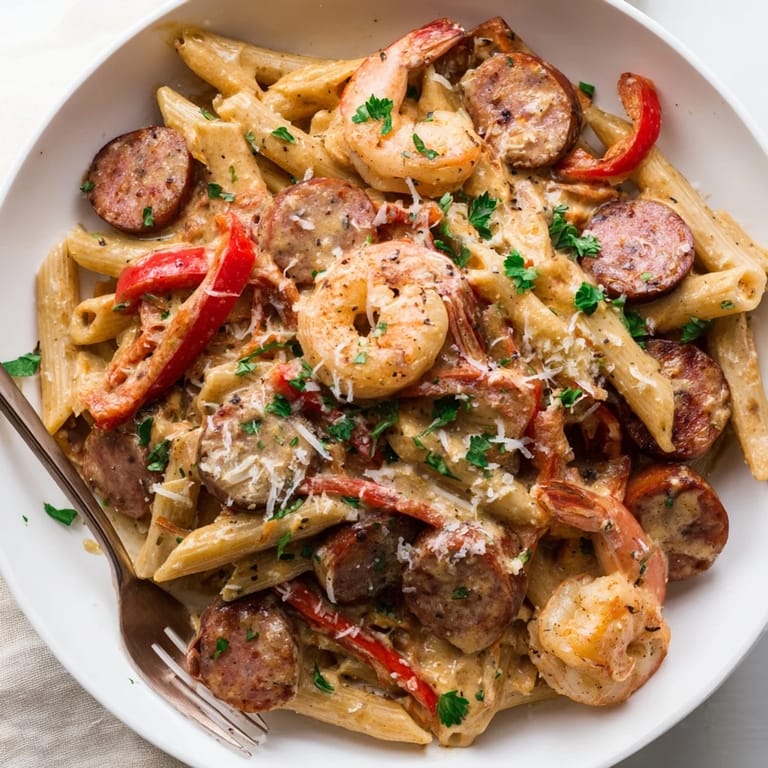 Spicy Cajun Sausage & Shrimp Alfredo Pasta Skillet, a comforting one-pan dinner delight.  