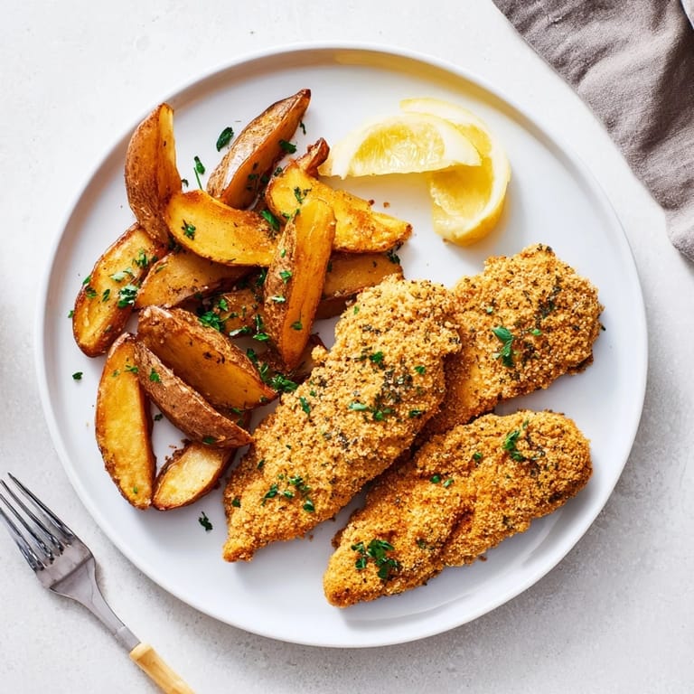 Savory herbed chicken tenders served alongside crunchy potato wedges, garnished with parsley.