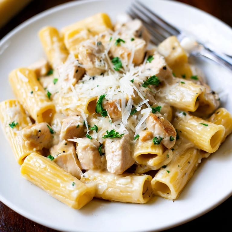 Deliciously rich Creamy Garlic Parmesan Chicken Rigatoni topped with extra cheese and herbs.