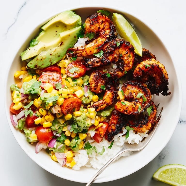 Delicious blackened shrimp bowl bursting with fresh avocado corn salsa and lime.  