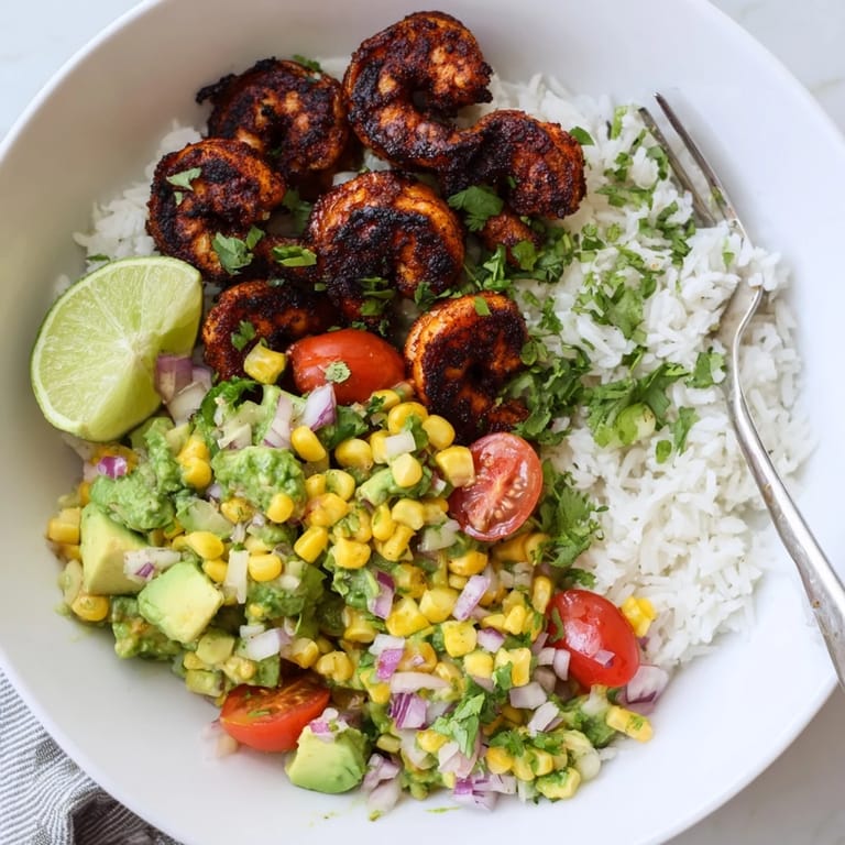 Vibrant blackened shrimp bowl served with zesty avocado corn salsa over warm rice.