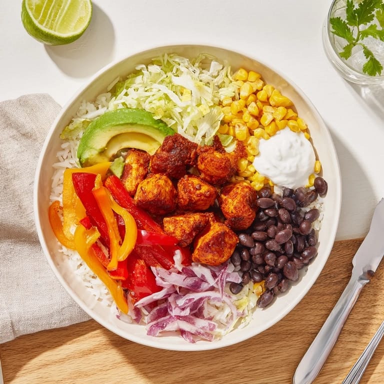 Delicious Sheet Pan Chicken Burrito Bowls bursting with flavors, served with fresh lime.  