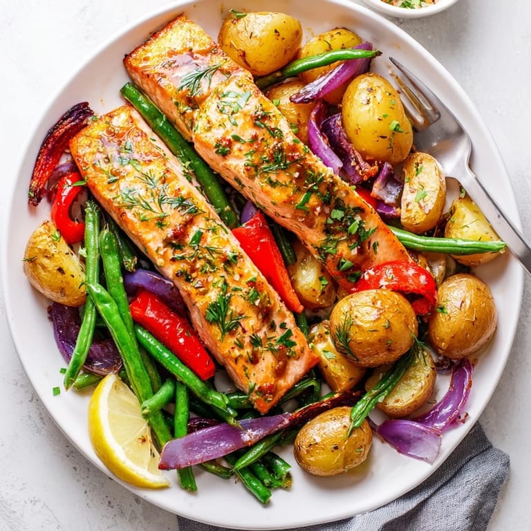 Succulent salmon fillets with crispy potatoes and fresh greens on a sheet pan.  