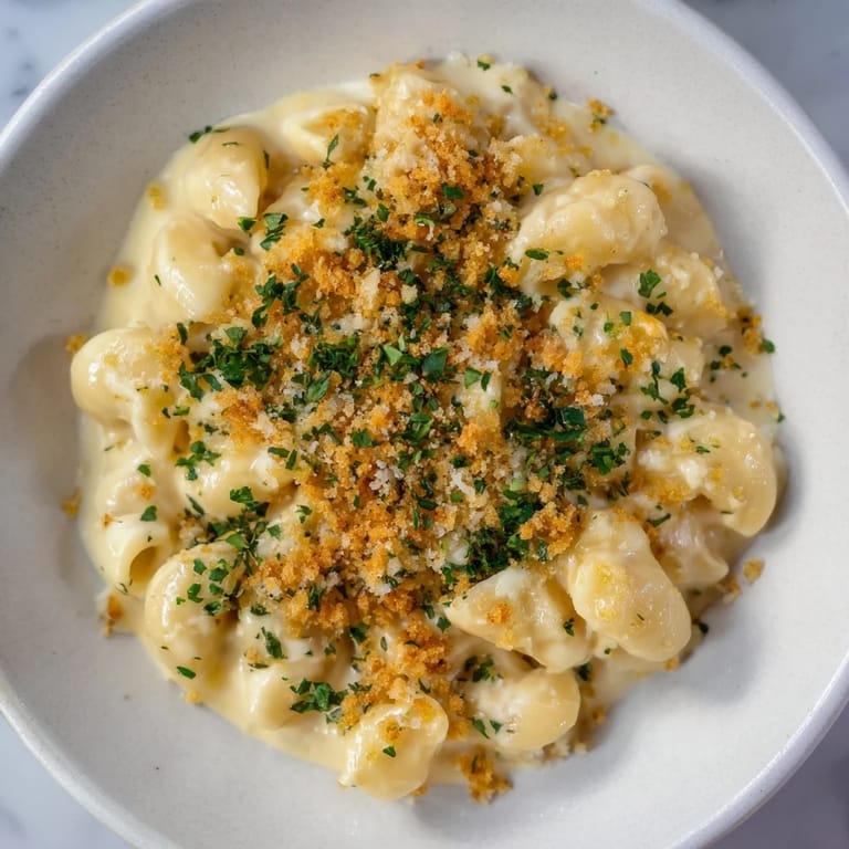 Creamy Truffle Macaroni & Cheese, rich with melted cheese and served in a baking dish.