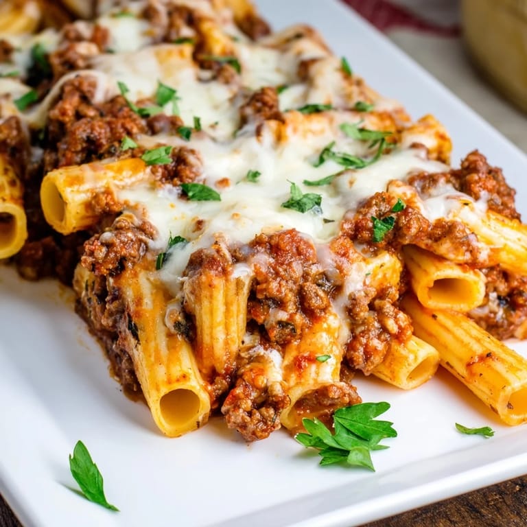Hearty baked ziti: tender pasta and a flavorful meat sauce baked with layers of cheese.