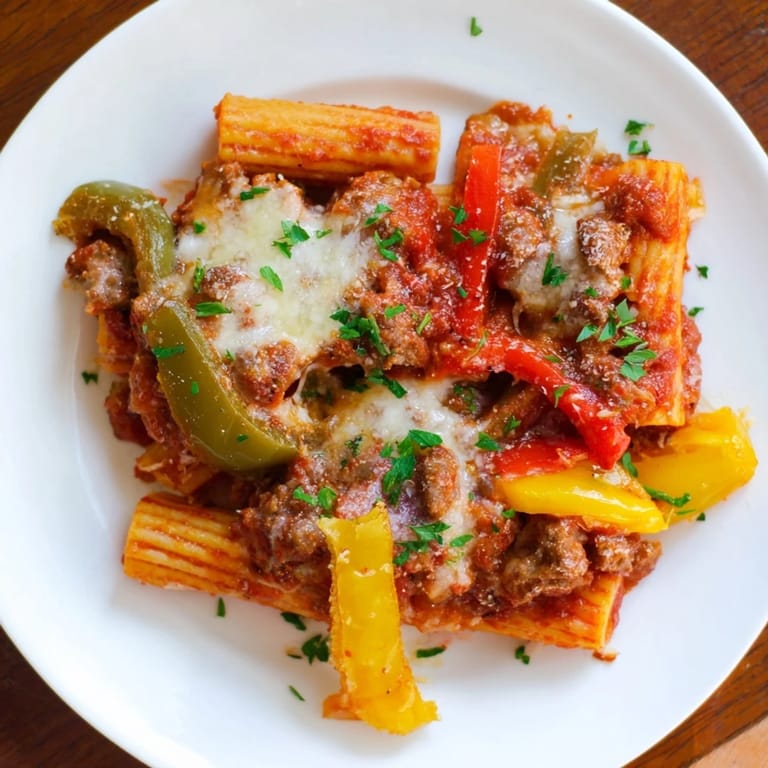 This photo shows a close-up of baked rigatoni with sausage and peppers, ready to be served.