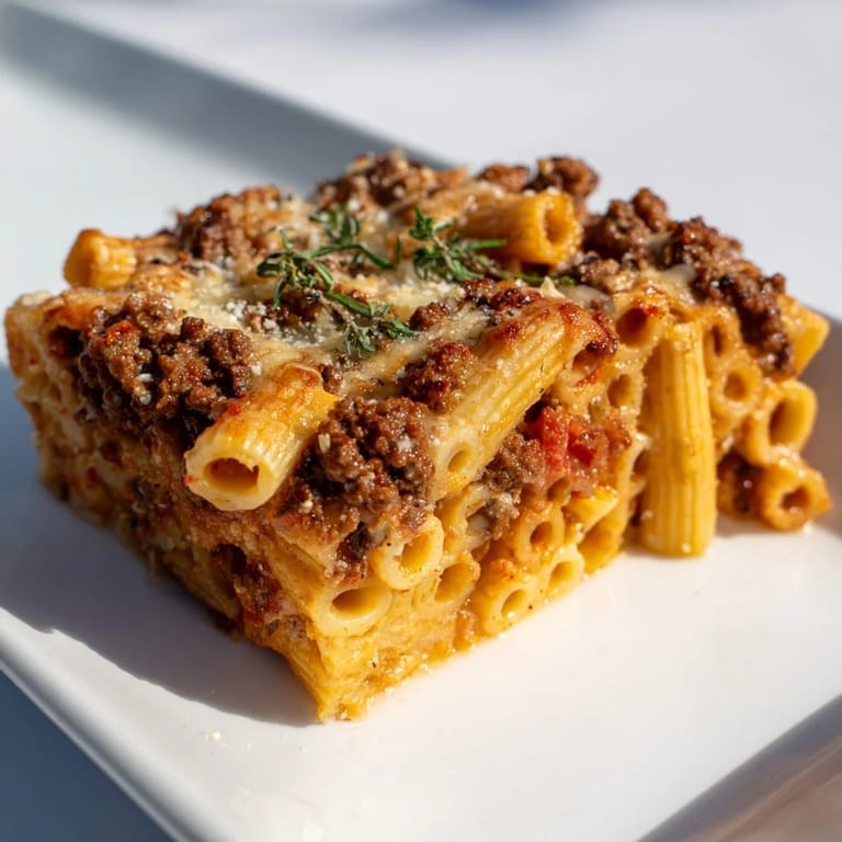 Enjoy a slice of homemade Pastitsio, a classic Greek comfort food with layers of flavor.