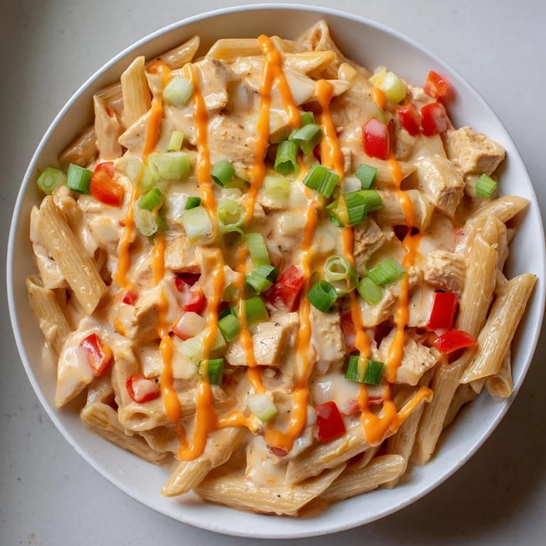 Creamy, cheesy Buffalo Chicken Pasta Skillet topped with green onions, ready for a satisfying weeknight meal.